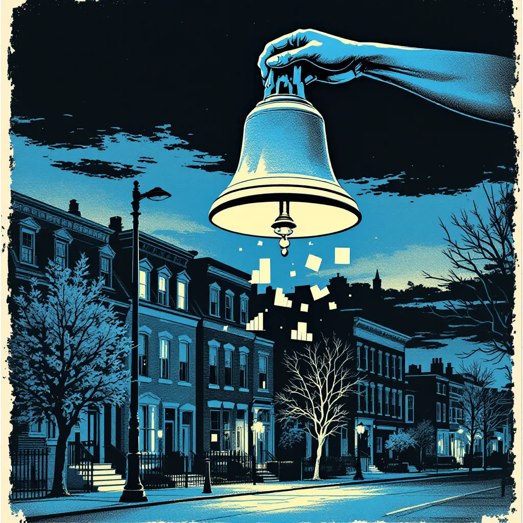 Risograph illustration of Richmond rowhouses at dusk with a large bell hanging above the street