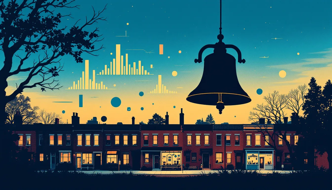Risograph illustration of Richmond rowhouses at dawn with a giant bell and floating chart shapes in cyan and blue ink