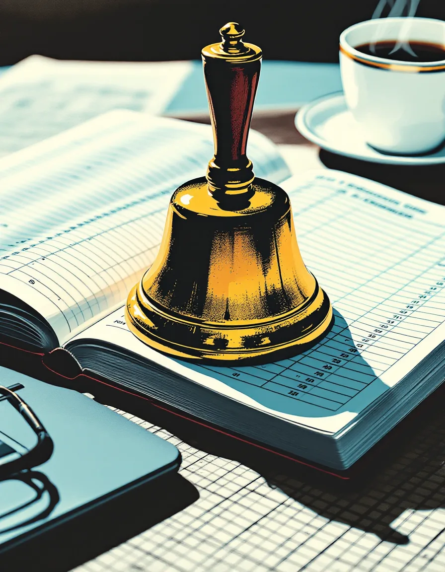 Risograph illustration of a hand bell resting on an open ledger beside a coffee mug