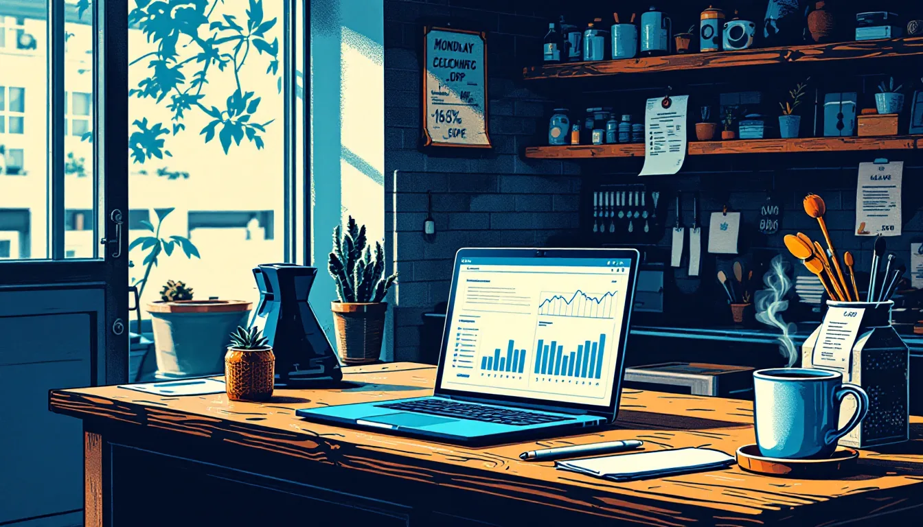 Risograph illustration of a shop counter with a laptop showing one clean dashboard and a coffee mug